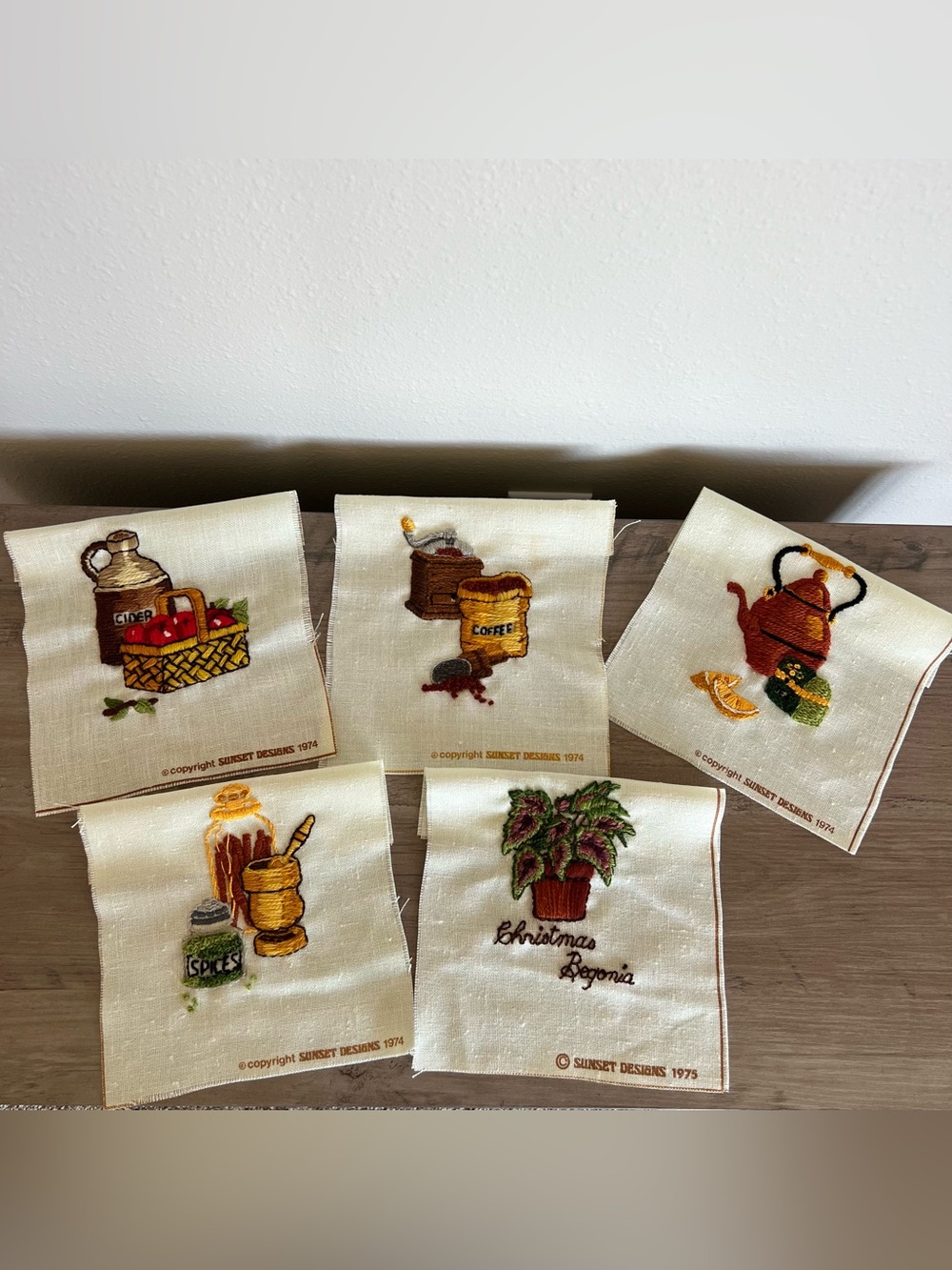 VTG 70s Crewel Embroidered Artwork Lot Of 5 Cider Coffee Plant Spices Unframed